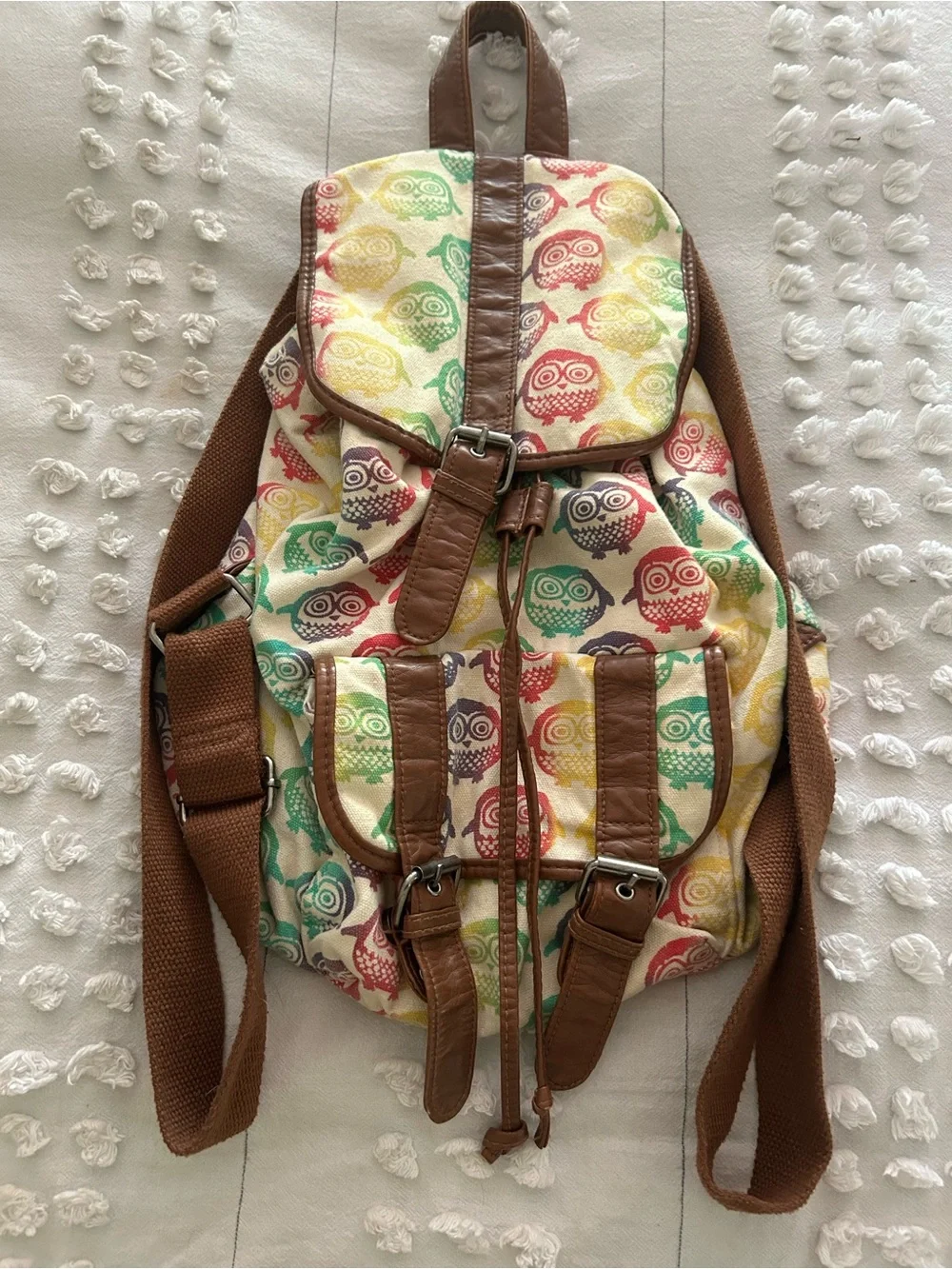 Multicolor Owl Print Canvas Backpack with Brown Trim